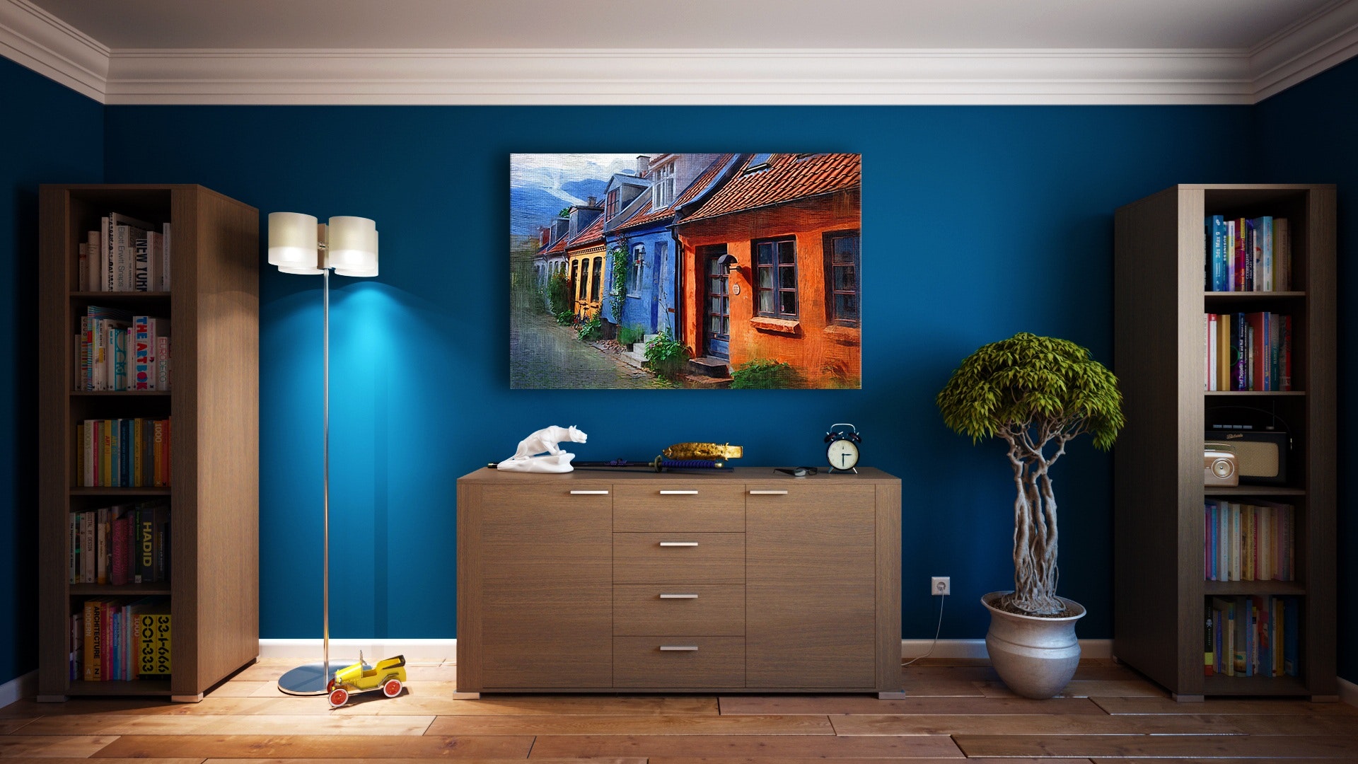 mcm living room blue wall with artwork hanging house for rent in owasso